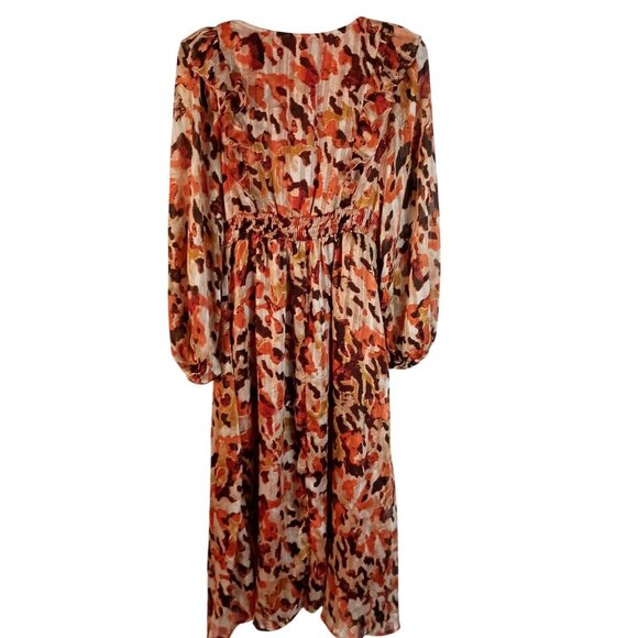 Shein Frenchy Floral Midi Dress Orange Multi Long Sleeve V Neck Womens M - Picture 5 of 10